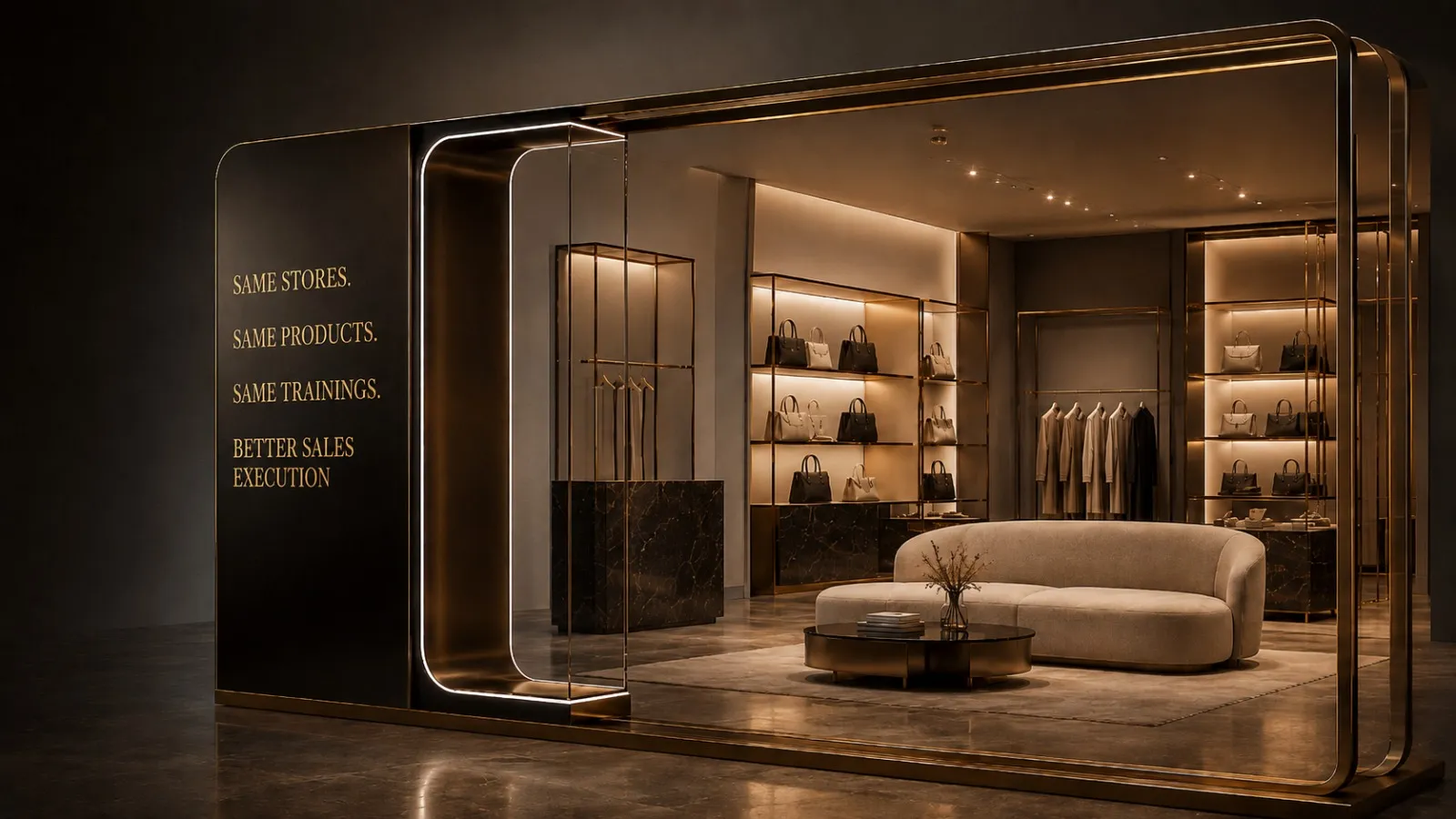 A luxury retail store interior beside the words: same stores, same products, same trainings, better sales execution.