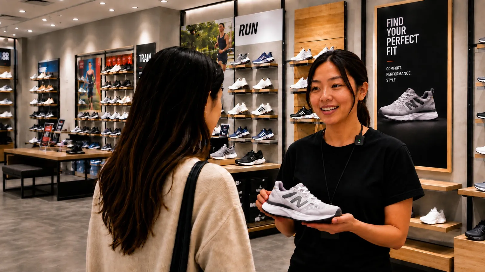 A store staff member recommending a product to a customer during a real in-store conversation.